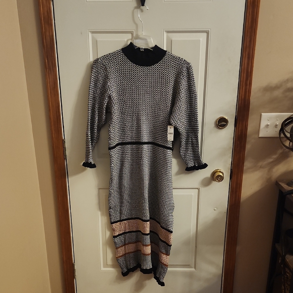 Chic Black and White Knit Dress with Tan Stripes